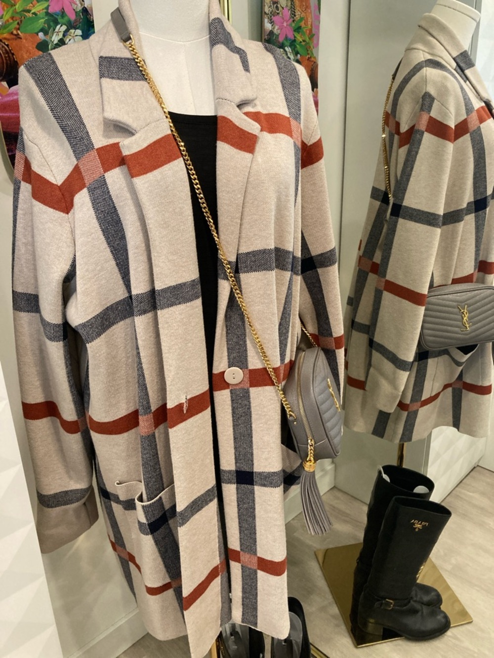 Adrienne Vittadini Beige Plaid Open-Front Light Knit Jacket Cardigan